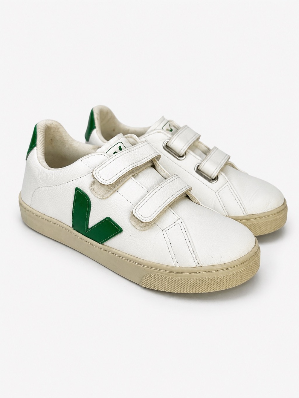 Veja Kids White Leather Sneakers with Green V and Beige Sole